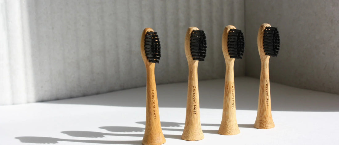 Close-up of eco-friendly bamboo toothbrush heads highlighting sustainable dental care