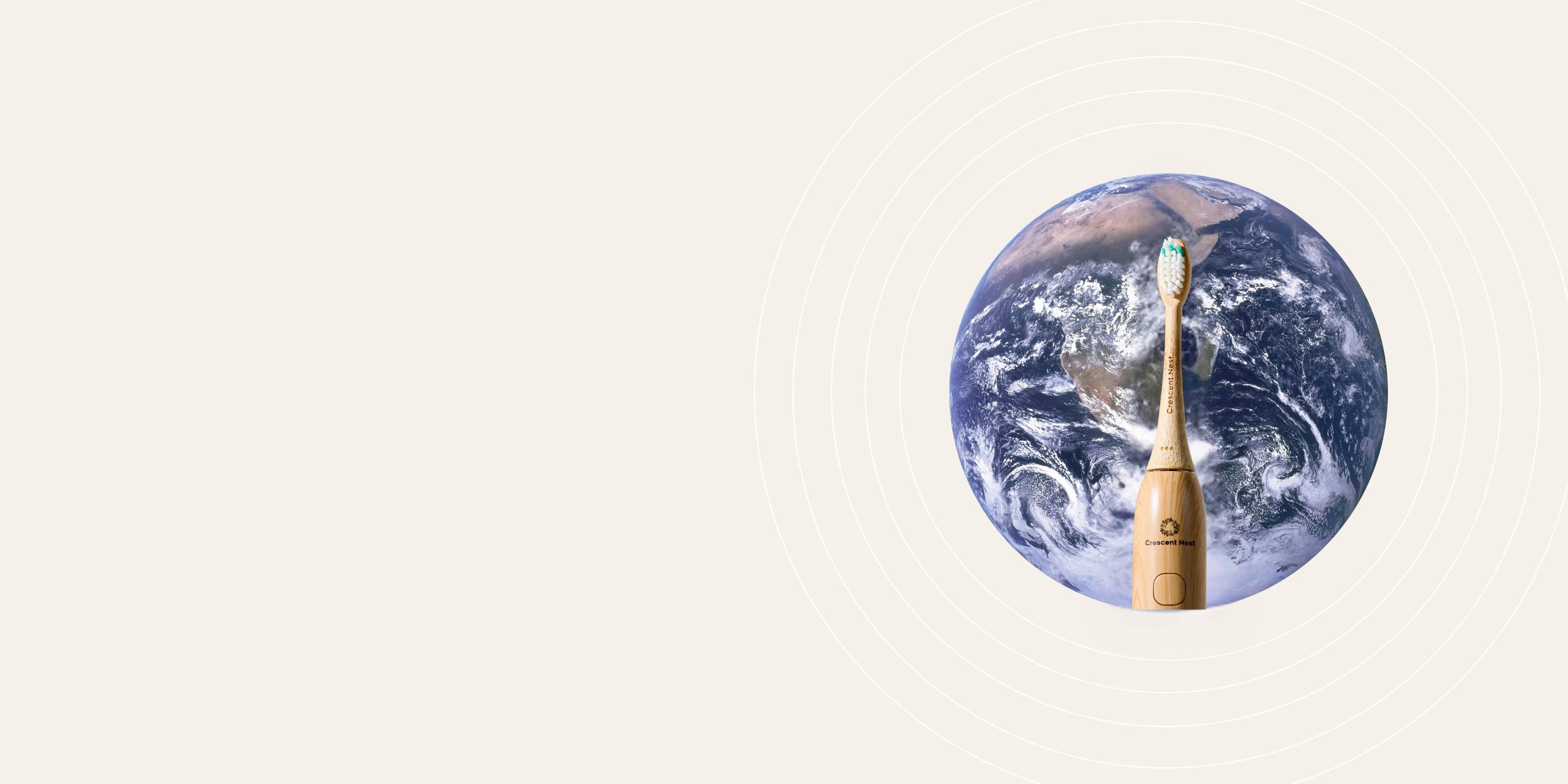 Toothbrush with wooden handle on a circular Earth graphic