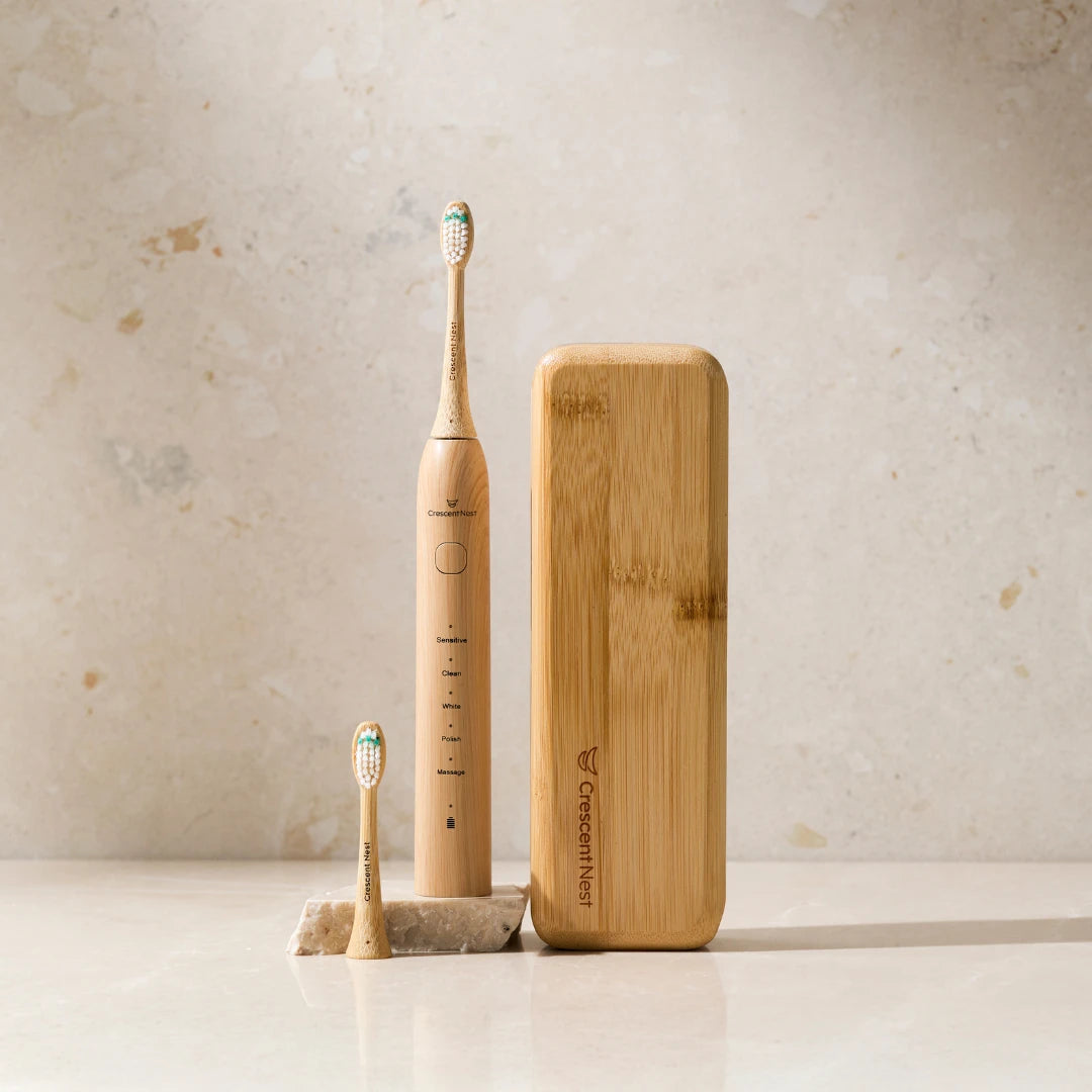 Crescent Nest bamboo toothbrush case showcasing slim, designed for travel.