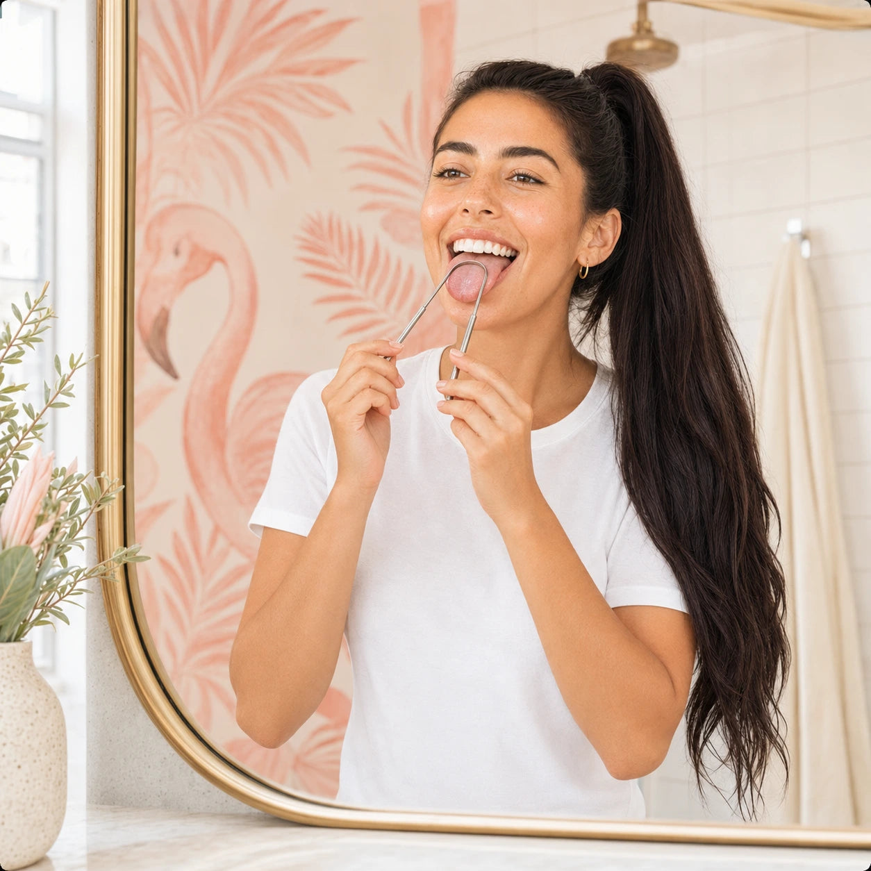 Woman using a Crescent Nest stainless steel tongue scraper in the bathroom