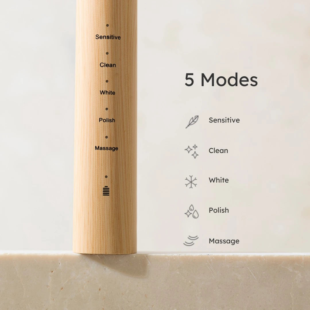 Bamboo scrubber with labeled modes on a beige background