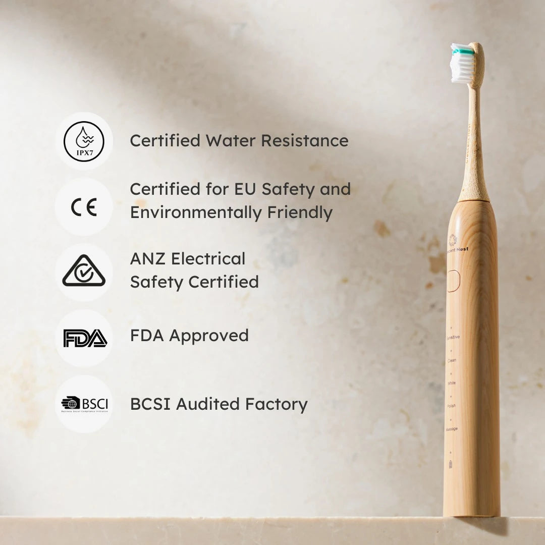 Wooden electric toothbrush with certification icons on a beige background