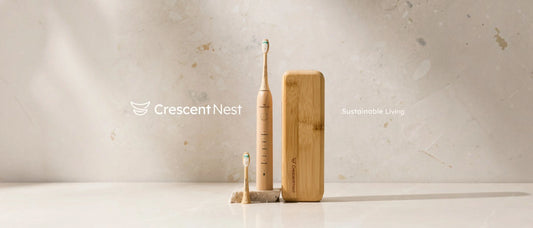 Crescent nest sonic toothbrush and bamboo travel case
