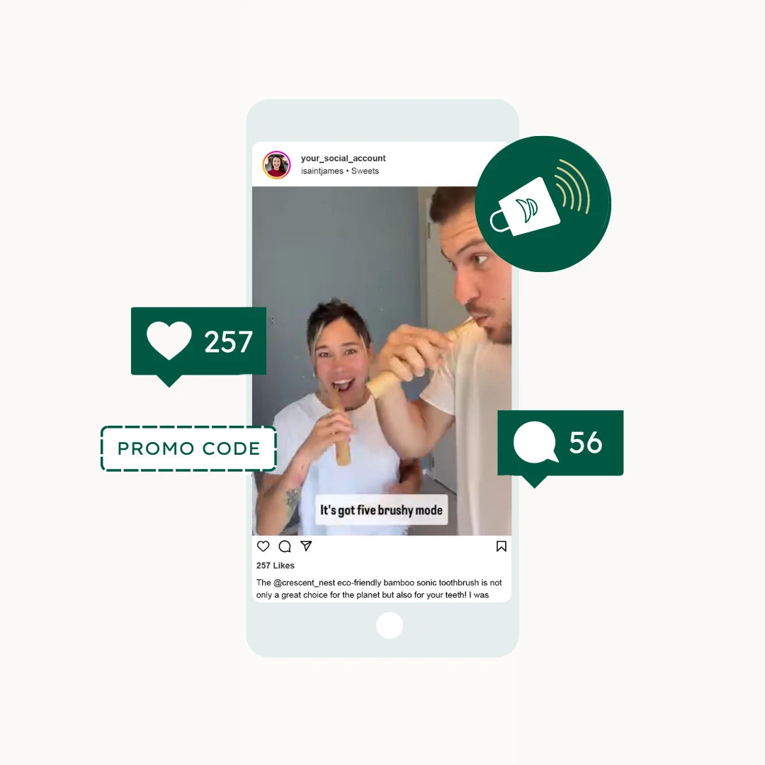 Two people using crescent nest electric toothbrushes with social media interface elements on a white background