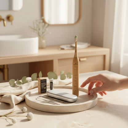 crescent nest Bamboo sonic toothbrush with a Stainless Steel Tongue Scraper, and bamboo dental floss on a beige surface