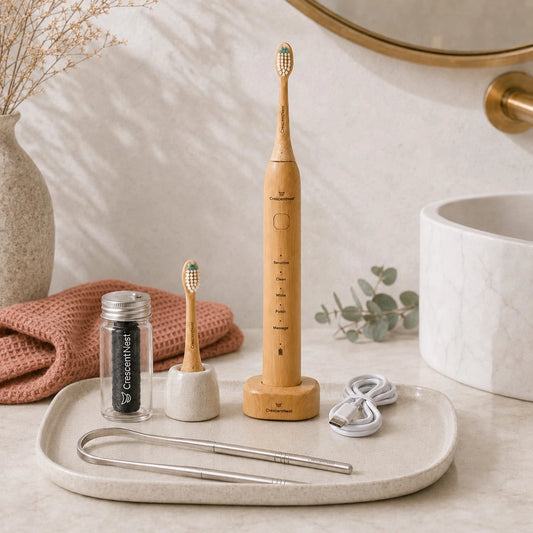Crescent Nest sustainable oral care starter set in a bathroom