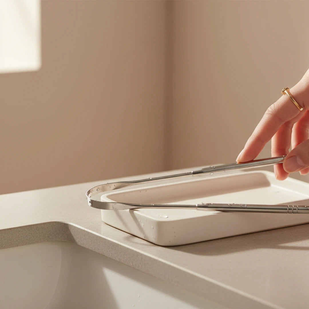 Person using a tongue scraper over a sink with a neutral background