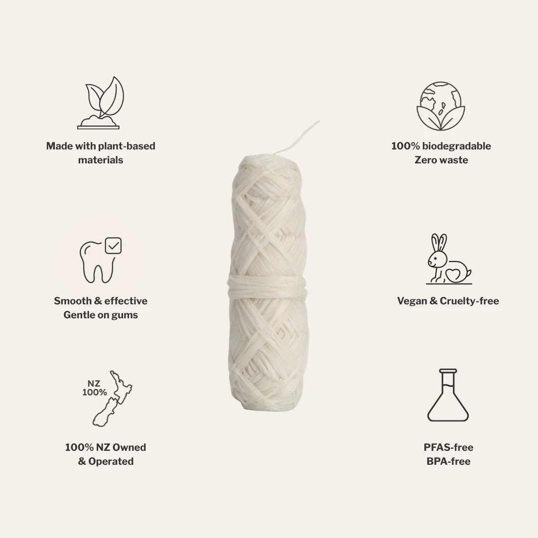 corn dental floss with sustainability icons and text on a white background