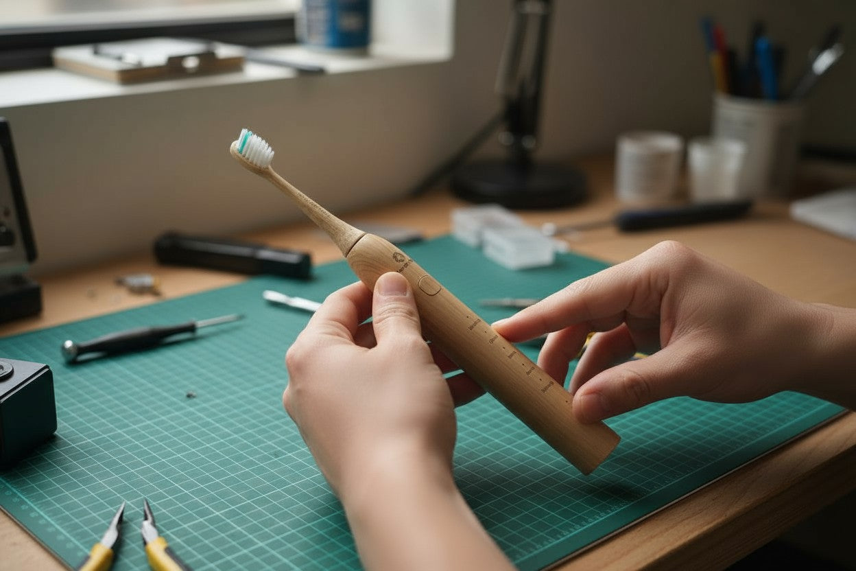 Person holding a bamboo sonic toothbrush on a workshop table with tools and materials.
