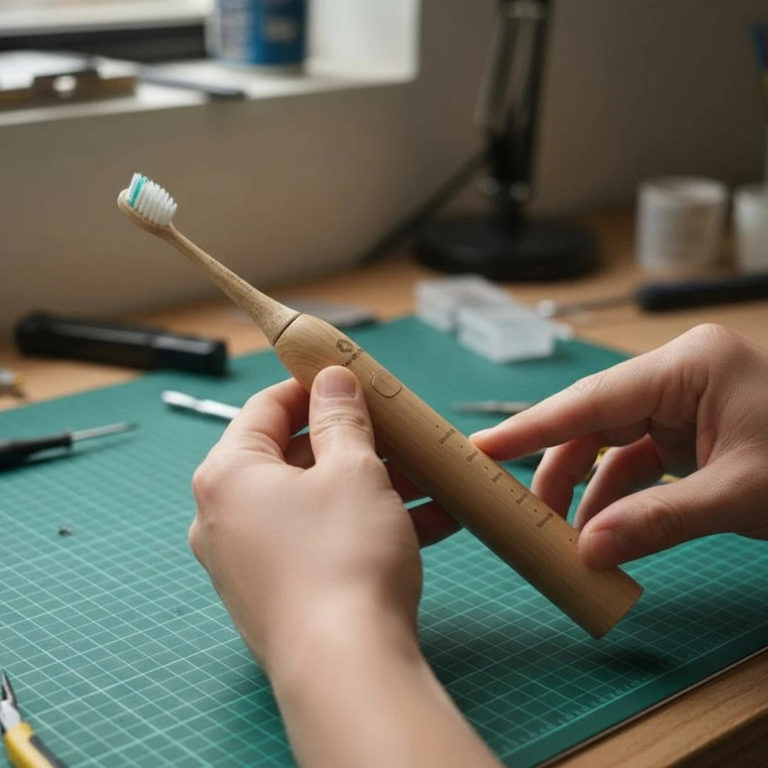 Person holding a bamboo toothbrush handle on a workbench with tools and materials.