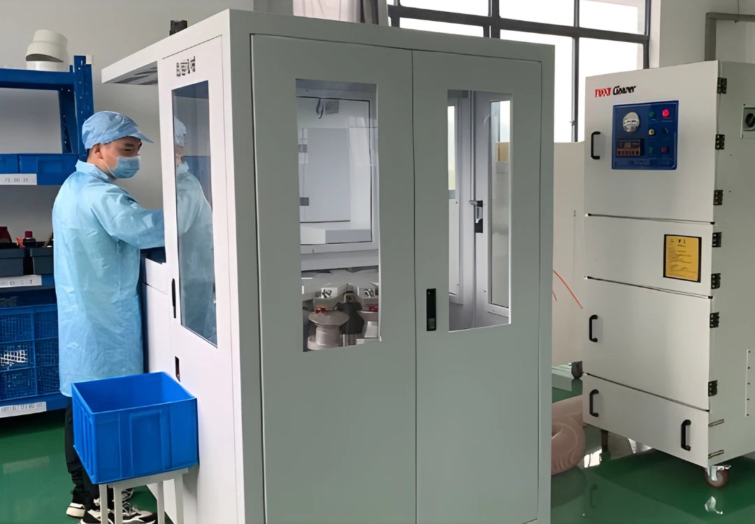 Person in a lab coat and mask working in a laboratory setting with large equipment.