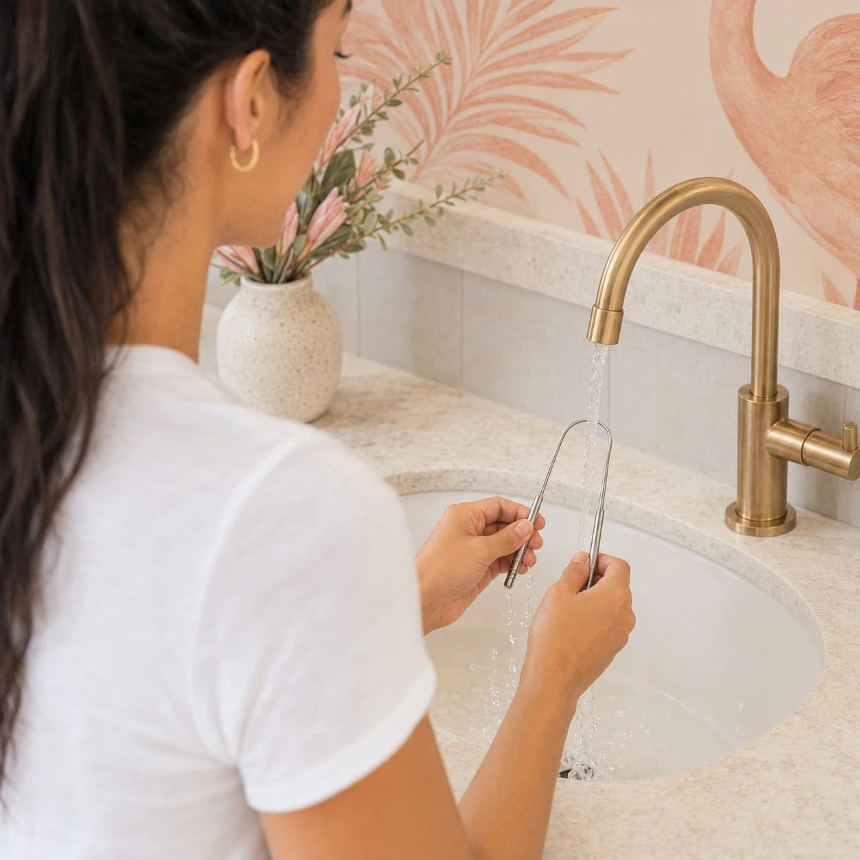 Woman rinsing a Crescent Nest stainless steel tongue scraper under running water