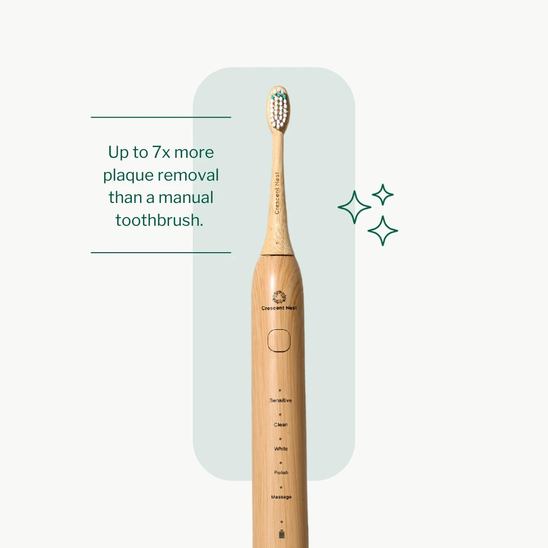 Electric toothbrush with text about plaque removal on a white background