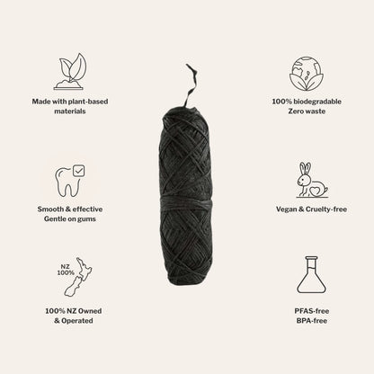 Black dental floss roll with sustainability icons and text on a white background