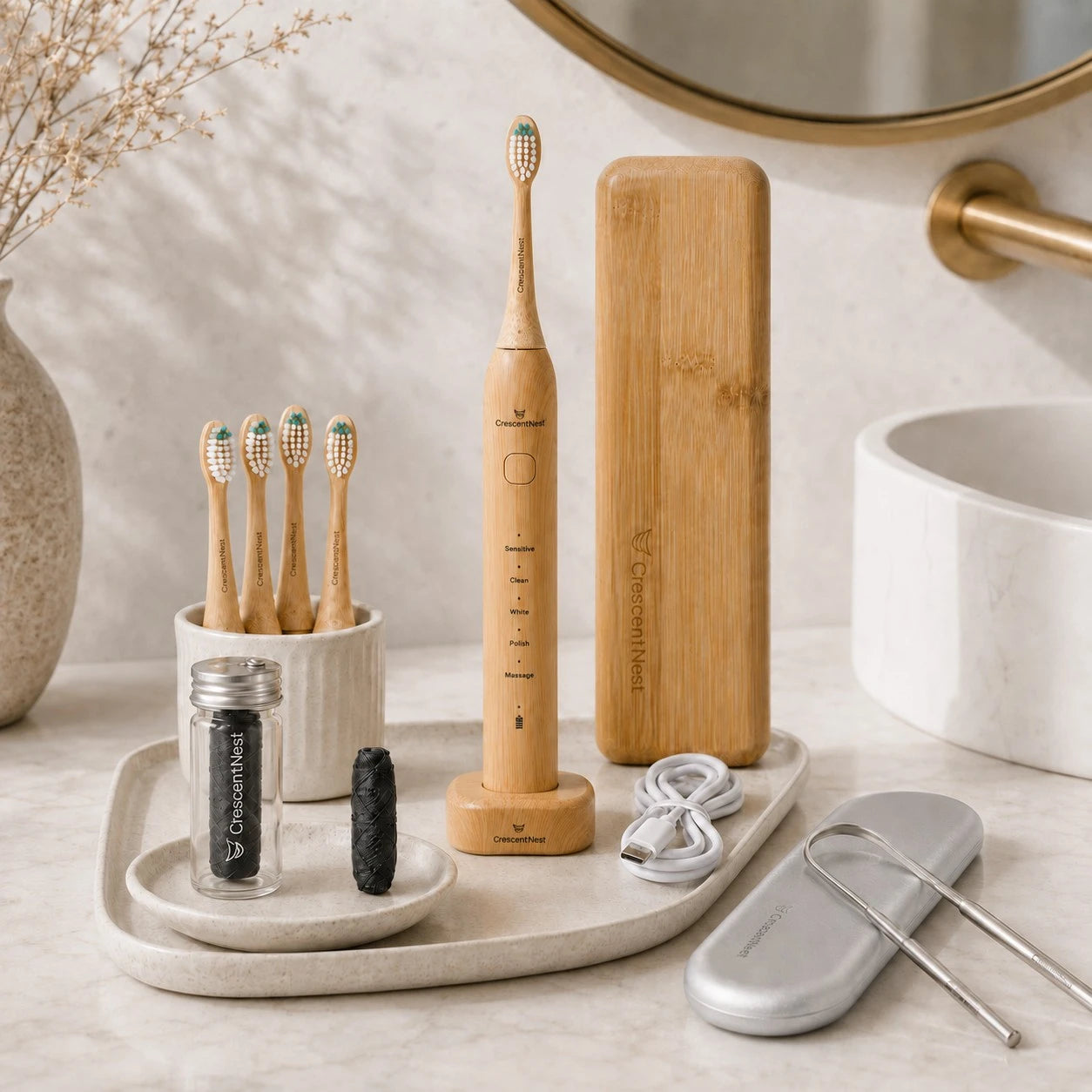 Crescent Nest all-in-one sustainable oral care set in a bathroom