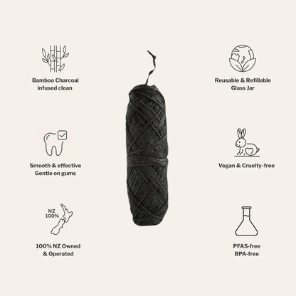 Feature graphic showing Crescent Nest bamboo charcoal dental floss surrounded by icons highlighting key benefits: bamboo charcoal infused clean, reusable and refillable glass jar, smooth and gentle on gums, vegan and cruelty-free, NZ owned and operated, and PFAS-free and BPA-free.