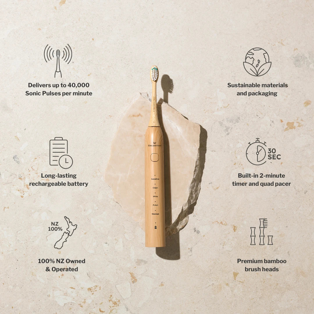 Crescent Nest bamboo electric toothbrush displayed with key features including 40,000 sonic pulses per minute, long-lasting battery, sustainable materials, built-in 2-minute timer, NZ owned and operated, and premium bamboo brush heads.