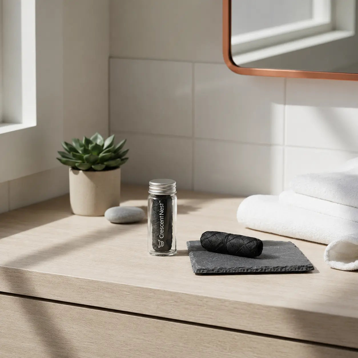 Crescent Nest dental floss and refill displayed in a modern bathroom
