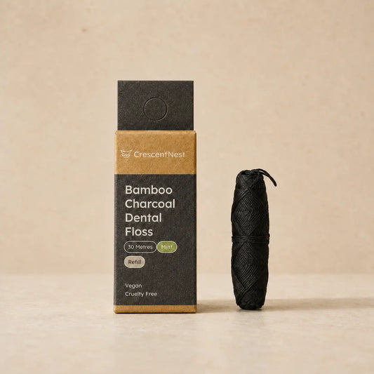Crescent Nest bamboo charcoal dental floss refill with recyclable packaging
