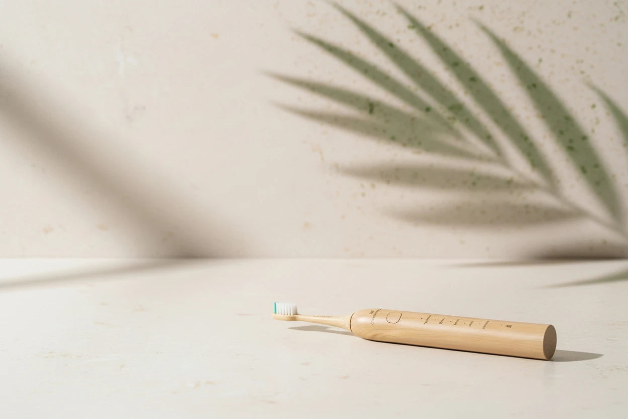Crescent Nest mission banner showing one toothbrush across a clean bathroom and nature-inspired background