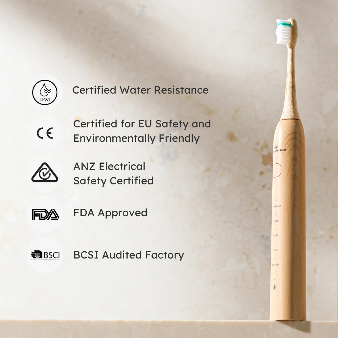 Crescent Nest Sustainable Sonic Electric Toothbrush certifications – safety tested, eco-conscious materials, and quality standards