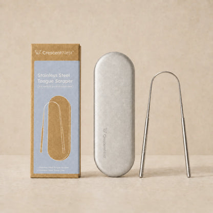 Crescent Nest stainless steel tongue scraper with travel case and packaging