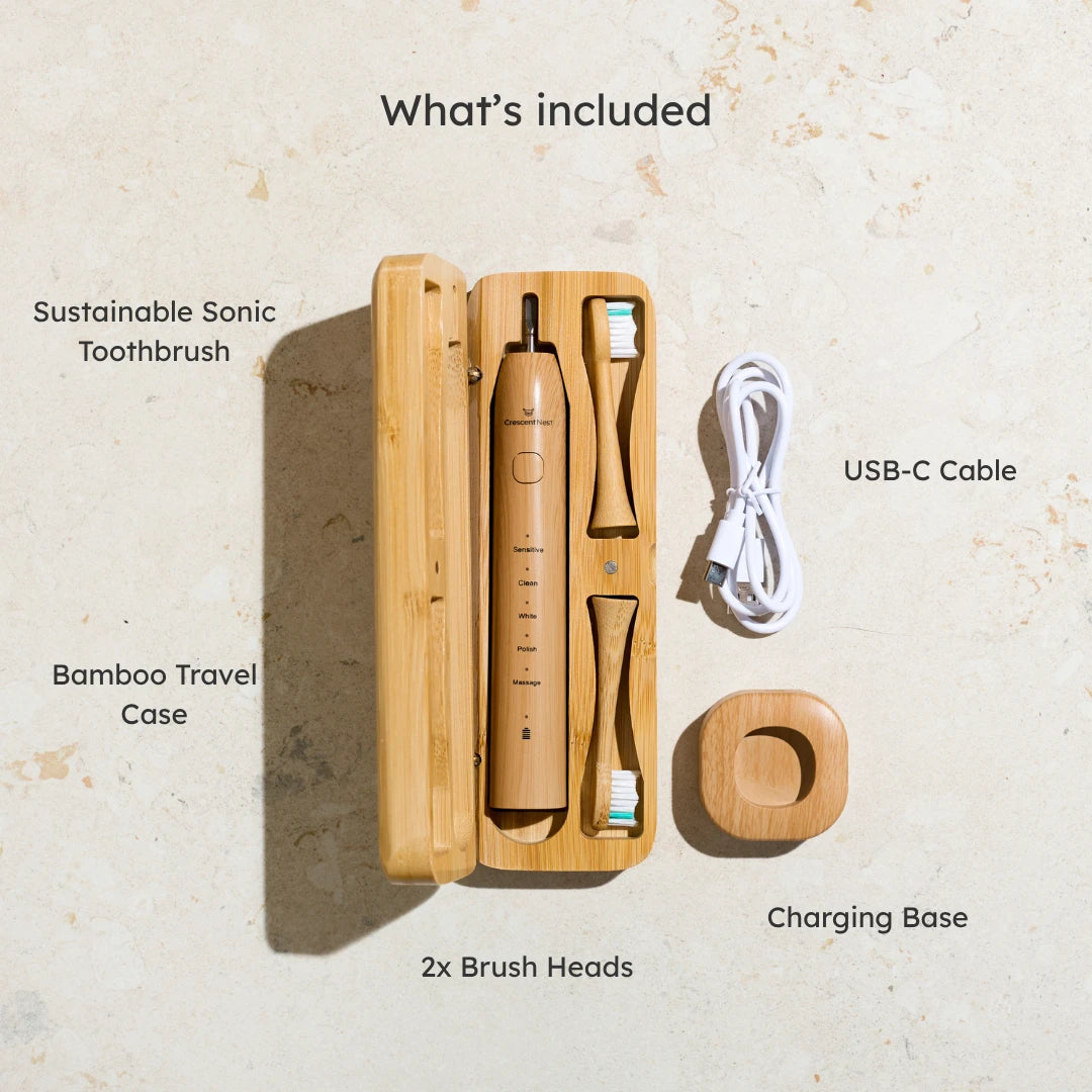 Crescent Nest Travel Set – what’s included: Sustainable Sonic Electric Toothbrush, bamboo travel case, and eco-friendly brush head.