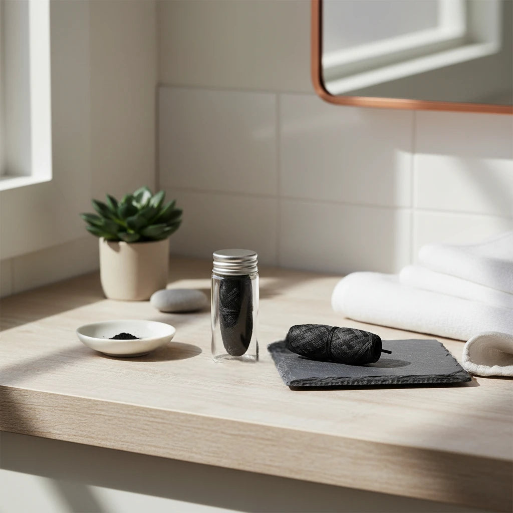 Bathroom counter with a plant, towel, and bamboo dental floss
