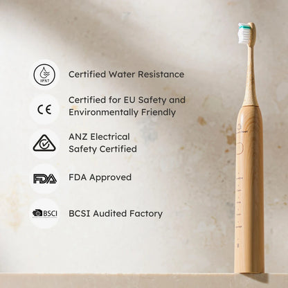 Wooden electric toothbrush with certification icons on a beige background